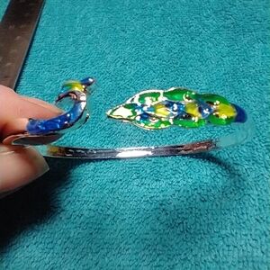 Silvertone colorful peacock adjustable animal cuff bracelet blue green yellow